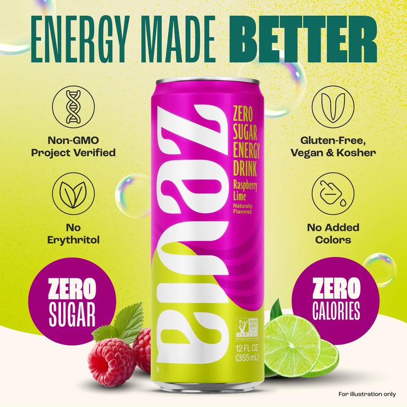 Zevia Zero Sugar Energy Drink, Raspberry Lime, 12 oz Cans
