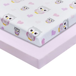 EVERYDAY KIDS 2 Pack Baby Cradle Sheets - Fitted Set for Baby Girl; 100% Cotton Percale Weave, Breathable and Soft Cradle Mattress Pad Cover; Gray Owls/Pink Hearts and Solid Pink Designs