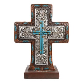 Ebros Gift Rustic Western Inspirational Santa Fe Standing Desktop Cross With Silver Leaf Filigree Scroll And Turquoise Blue Motif Decor Plaque Sculpture