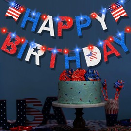 4th of July Birthday Banner with light, Happy Birthday Banner with Battery Operated Fairy String Light, 4th of July Independence Veterans Day Party, Glitter US Star Red White Blue Decorations