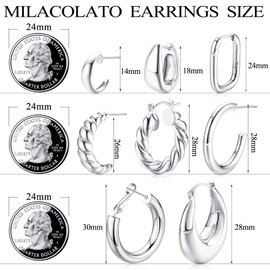 MILACOLATO Gold Chunky Hoop Earrings Set for Women,14K Gold Plated Thick Lightweight Hypoallergenic Hoop Earrings Pack Twisted Huggie Open Hoops Set Jewelry for Ladies Silver