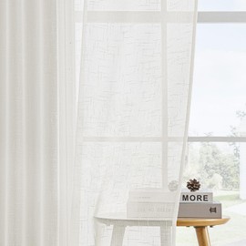 MIULEE Voile Curtains with Loops, Linen Effect, Semi-Transparent Curtain, Elegant, Simple Linen Look for Living Room, Bedroom, Set of 2, 140 × 225 (H×W), White