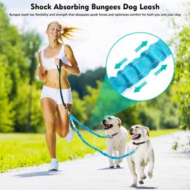 2 Dog Leash,Double Dog Leash Coupler Tangle Free Bungee Dog Leash, 360° Swivel No Tangle Double Dog Walking & Training Leash, Comfortable Shock Absorbing Reflective Bungee Lead Walk 2 Dogs with Ease
