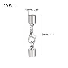 sourcing map Set of 20 6 mm Leather Cord End Caps with Lobster Clasp Clips Cylinder End Pieces for DIY Making Leather Bracelets Silver Tone