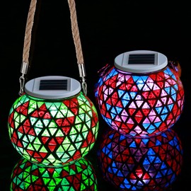 Suanti 2 Pcak Solar Lights Outdoor Waterproof Lanterns Decorative Outdoor Mosaic Solar Lanterns Outdoor Pendant Glass Lights (NY02)