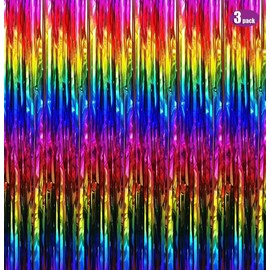Fachoige 3.2ft x 6.6ft Metallic Tinsel Foil Fringe Curtains Wedding for Birthday Engagement Bridal Shower Bachelorette Holiday Celebration Party Decorations (L-Rainbow, 3 Pack)