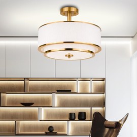 Edwarmlux 3-Light Semi Flush Mount Ceiling Light Fixture, 16" Drum Light with White Fabric Shade, Modern Close to Ceiling Light for Living Room Bedroom Dining Kitchen Hallway Entry (Brushed Gold)