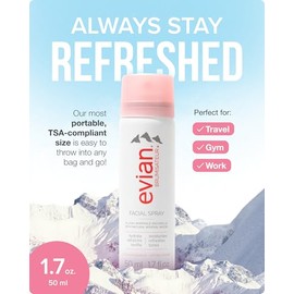 Evian Facial Spray 1.7 oz - Hydrating Mineral Water Mist for Face & Skin - Refreshes Makeup and Tones Skin - TSA-Approved Mini Facial Spray Set for Da