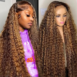 22 Inch Ombre Lace Front Wig 13x4 HD Honey Blonde 4/27 Deep Wave Lace Wigs Glueless Human Hair Prefeathers with Baby Hair 180% Density