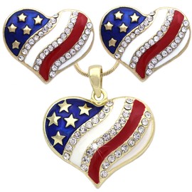 cocojewelry 4th of July USA American Flag Heart Pendant Necklace Earrings Set (Stud Gold-Tone)