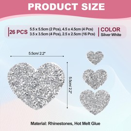 PATIKIL 4 Sizes Heart Rhinestone Patches, 26 Pcs Heart Shape Iron on Applique Patches Rhinestone Applique Glitter Crystal Patches Sewing for Shoes Clothes Pants Bags, Silver White