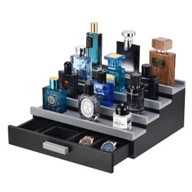 GLOKUUCA Perfume Organizer for Men, 4 Tier Wood Perfume Display Stand with Velvet Lining Drawer and Hidden Compartment for Watch,Jewelry,Perfume Display Risers,A Gift for Men (Black+Gray)