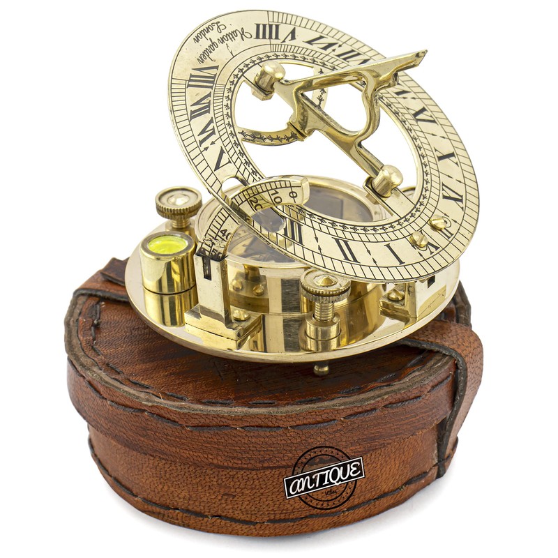 Brass Sundial Compass with Vintage Red Leather Case Hiking Hunting