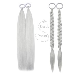 White Hair Extensions for Kids Ponytail Extension 2 Packs, 20 inch Crazy Hair Day Accessories for Girls, DIY Festival Wacky Rave Braids,Tinsel Mixed
