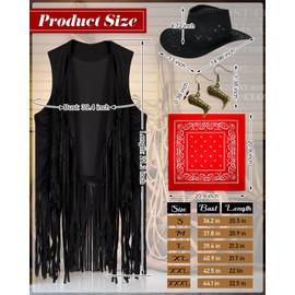 Xtinmee 4 Pcs Cowgirl Outfits Set Women Tassel Vest Cowboy Hat Dangle Drop Earrings Paisley Bandana for Western Dress up(Black, 3XL)
