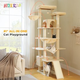 MUTTROS 81" Heavy Duty Cat Tree for Large Cats up to 20lbs - Extra Tall Cat Tower with Metal Frame Hammock, 6 Sisal Scratching Posts, 2 Perches - Indoor Cat Furniture for Maine Coon, Big Cats, Beige