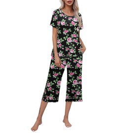 Ekouaer Women's Pajamas Set Short Sleeve Top With Capri Pants Pjs Lounge & Sleepwear SetBlack/Pink FlowerSmall