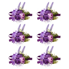URROMA 6 PCS Wrist Corsage Flower, Purple Corsage Wrist Band Bouquet Suit Decoration Hand Flower Decor for Bridesmaid Bridal Wedding Prom Party…