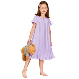 Arshiner Girls Nightgowns Cute Princess Sleepwear Short Sleeve Pajamas Nightie Dress (Light Purple, 11-12 Years)