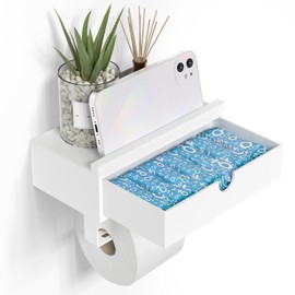 Domax White Toilet Paper Holder with Shelf - Wall Mount/Adhesive Bathroom Toilet Paper Holder with Storage Drawer for Organizer Tampon or Small Items Bamboo Wood Tissue Toilet Paper Roll Holder, Small