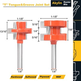 2pcs "T" Tongue and Groove Joint Set,1/4" Shank,Carbide Tipped,2 Flute Router Bits for Board Tabletops,Panels Joinery or Making Strip Flooring
