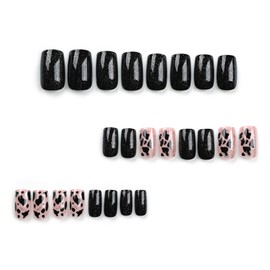 Square Press on Nails Black Glitter Fake Nails Medium Cow Print False Nails with Designs Gold Foil Acrylic Nails Full Cover Glitter Glue on Nails for Women Manicure Artificial Nails Decoration 24Pcs
