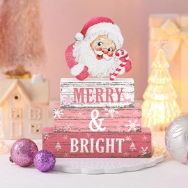 Geelin 4 Pcs Christmas Wooden Tabletop Decor Pink Winter Santa Tiered Tray Decor Christmas Centerpiece Rustic Decorative Block Signs Gift Farmhouse Table Decoration for Home Kitchen