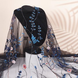 BENECREAT 2 Yard Organza Fabric with Embroidery Flower, 51" Width Mesh Lace Fabric for DIY Handmade Clothing Wedding Dress Home Decor, Blue 0.1mm Thick