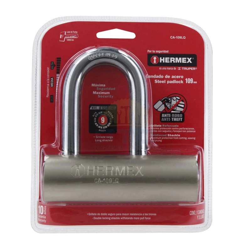 Hermex CA-109LQ Steel padlock, 109mm, long hook, dotted key