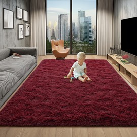 Foxmas Soft Fluffy Area Rugs for Bedroom, Burgundy Red Plush Shaggy Kids Room Nursery Rug, Non-Slip Throw Carpets for Boys Girls, College Dorm Living Room Home Decorate Rug, 3 x 5 Feet
