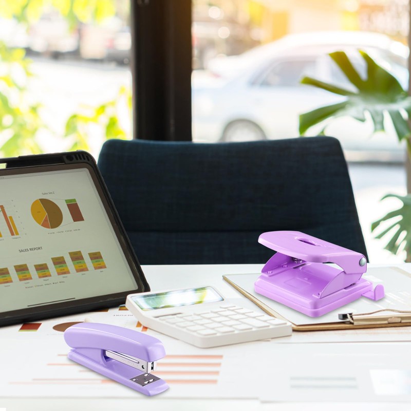 Cozlly Hole Punch Stapler Set, Purple Office Stapler Hole Punch,