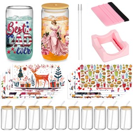 Deriibrico 12Pcs DIY Glass Cups with Lids and Straws Sets - 16oz Can Shaped Drinking Glasses, Iced Coffee Cup, Beer Glasses Tumbler Include 1pcs Cup Cradle with Squeegee and 12pcs UV DTF Cups Wraps