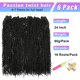 Beyond Beauty Passion Twist Hair 24 Inch 6 Packs Water Wave Crochet Hair Pre-Looped Long Bohemian Crochet Braids Hair for Black Woman Synthetic Curly Hair Extensions for Braiding Hair (1B)