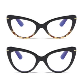 MMOWW Pack of 2 Women's Cat Eye Glasses with Blue Light Blocker in Trendy Colour, Stylish Large Comfortable Glasses (Black + Turtle)