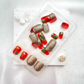 Press on Nails Short Square Fake Nails with Leaves & Glitter Designs Glod Glitter False Nails Press ons Glossy Glue on Nails Fall Stick on Nails for Women 24 Pcs