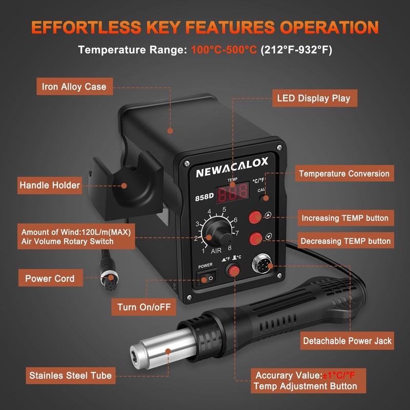 NEWACALOX Hot Air Rework Station 500°C Soldering Station with Hot