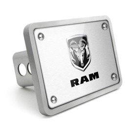 iPick Image - RAM Logo UV Graphic Brushed Silver Billet Aluminum 2" x 2" inch Tow Hitch Cover for SUV and Truck Made in USA