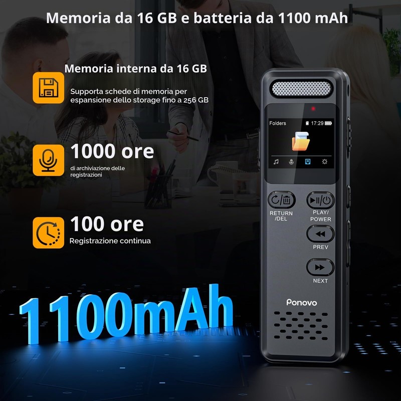 Registratore Vocale Professionale 100 Ore, Supporta Schede di Memoria