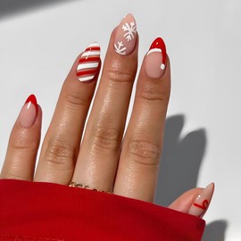 Christmas Press on Nails Medium Almond Fake Nails with Bow Snowflake Santa Hat Designs Red French Tip Nails Press ons Glossy Glue on Nails Nude Artificial Stick on Nails for Women 24Pcs