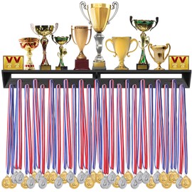 Pinkunn 4ft Medal Hanger Display and Trophy Shelf Wooden Medal Rack Display Holder with 23 Hooks Trophy Shelf for Gymnastics Running Race Marathon Football Basketball Soccer Awards
