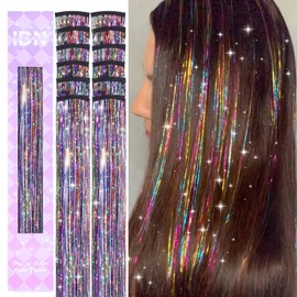 IDN BEAUTY Hair Tinsel Clip in, 12pcs Rainbow Sparkling Tinsel Hair Extensions 3s Wear and Go for Party Daily Travel Birthday, 24Inch Hair Accessories for Girls Women Kids