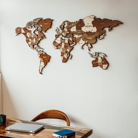 Colorfull Worlds Assembled 3D Wooden and Metal World Map, Multilayered Wooden Map on Metal Base Wood Wall Art Map For Home & Kitchen or Office (Medium)