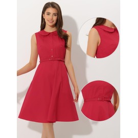 Allegra K Peter Pan Collar Vintage Retro Dresses for Women's Doll Collar Sleeveless Cotton a Line Shirt Dress Medium Red