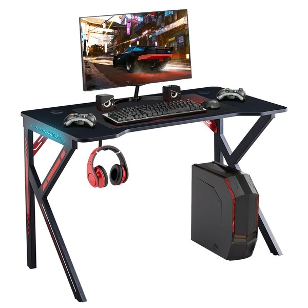 TUKAILAi Gaming Desk with RGB LED Lights Black K Shaped Office Workstation Computer Table Headphone Hook Gamer Racing Desk for Home Office
