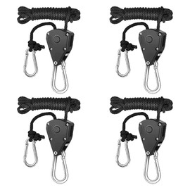 Rope Ratchet with Hooks, Pack of 4 Ratchet Hangers, Adjustable Rope Ratchet Hanger, 1/8 Inch Ratchet Hanger, Rope Ratchet for Hanging Tent Growing Plant Lamp - Black