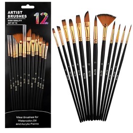 Aquarellpinsel,Pinselset Acrylfarben,12 Stück Pinsel Acrylfarbe Aquarell Pinsel,Schwarz Feiner Borstenpinsel für Anfänger Künstler Erwachsene Kinder