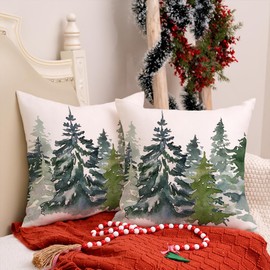 AACORS Christmas Winter Pillow Cover 16x16 Inch Set of 2,Watercolor Teal Tree Decoration Holiday Farmhouse Pillow Case Nature Forest Decor for Home Sofa Couch (Green) AK003-16