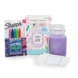Yankee Candle x Sharpie Scented Candle DIY Gift Set with 22 oz Lilac Blossom Large Jar Candle, 5-count Limited Edition Cosmic Color Permanent Markers Set and 1 Customizable Candle Label