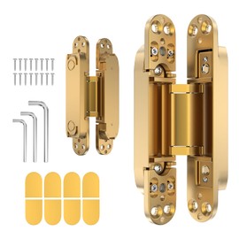 7" 2 pcs Hidden Hinges for Doors Invisible Hinges Concealed Zinc Alloy 180 Degree Swing 3 Way Adjustable Butt Silent Door Hinge 7 x 2.8 x 1 inch (Gold)