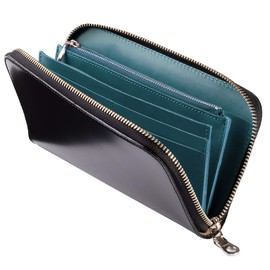 El Diablo EL-C3143 Men's Long Wallet, Genuine Leather, Cordovan x Tochigi Leather, Large Capacity, Round Zipper, Bi-Color, Made in Japan, black/navy